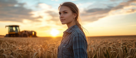Amidst golden wheat fields, a harvest worker admires the sunset while machines rumble in the background, capturing the essence of autumn's bounty.の素材