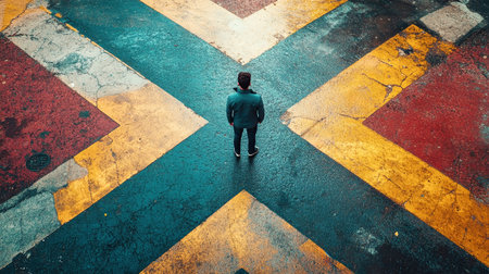 A man stands at a vibrant crossroad, viewed from above.の素材