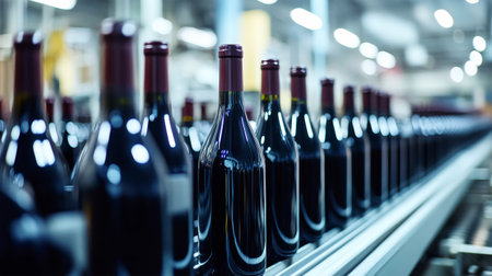 Close-up view of glossy black glass bottles filled with dark red wine traveling along a conveyor belt in a bustling industrial plant. Production in full swing.の素材