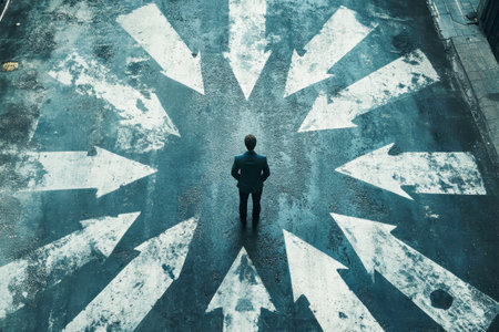 A man in formal attire contemplates his options while standing at a crossroad, where arrows indicate various paths. The aerial view highlights decision-making moments.の素材