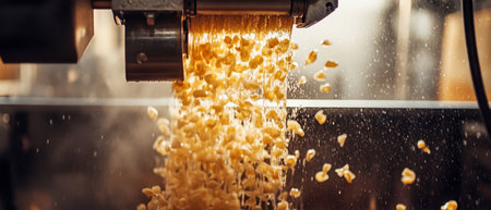 In a rustic kitchen, fresh pasta is meticulously shaped and extruded from a machine, emphasizing traditional Italian culinary techniques and craftsmanship.の素材