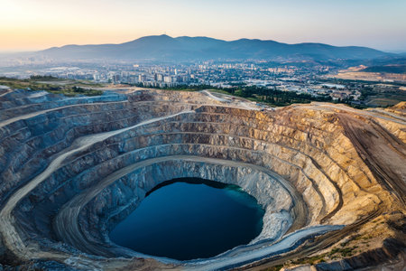 A striking view captures a bottomless hole in a diamond mine, fringed with water, as the sun rises over the distant cityscape. Early morning light enhances the scene.の素材