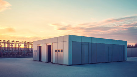 At sunset, a modern substation showcases high voltage equipment amid an energy storage park, highlighted by clean lines and impressive industrial structures.の素材
