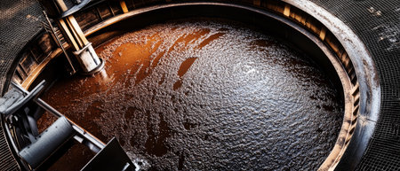 A large circular industrial tank showcases a complex system for sludge removal, featuring a glass lid and metal mesh, filled with dark viscous liquid.の素材