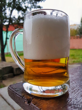 A frothy mug of golden beer sits on a rustic wooden table, surrounded by lush greenery under a clear...