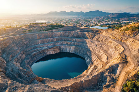 Within a vast open pit diamond mine, water glimmers at the edge of a deep hole, capturing early morning light while a city thrives in the background.の素材