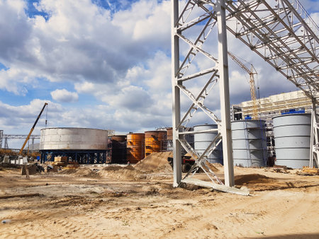 Massive storage tanks stand prominently at a bustling construction site, surrounded by machinery and tools under a dynamic sky filled with clouds.の写真素材