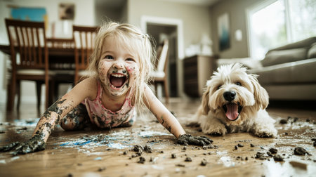 Blonde girl giggles while crawling on the floor, covered in paint and dirt, alongside her playful dog in a cozy, rustic dining area.の素材