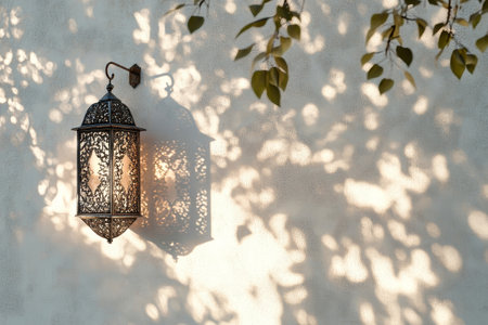 Elegant Arabic lantern casts delicate patterns on a white wall, bathed in warm sunlight. The soft-focus ambiance enhances this tranquil moment.の素材