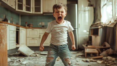 A little boy in a white t-shirt and distressed jeans stands screaming with rage in a messy kitchen filled with debris and broken furniture, showing intense emotions.の素材