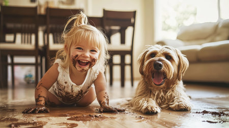 In a messy dining and living room, a happy little girl laughs as she crawls on the floor with her dog, both covered in colorful dirt and paint, creating a playful atmosphere.の素材