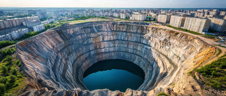 Surrounded by city buildings, a vast open pit diamond mine filled with water reflects sunlight, showing casing smooth walls and verdant vegetation in the environment.の素材