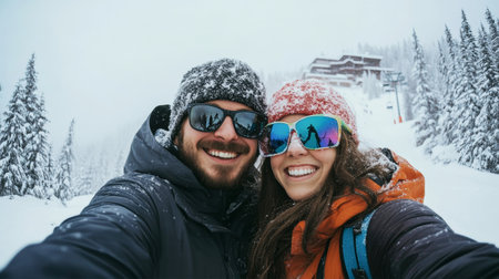 A joyful couple poses for a selfie on a snowy mountain, surrounded by a winter forest and a ski resort in the background, capturing their adventurous spirit.の素材