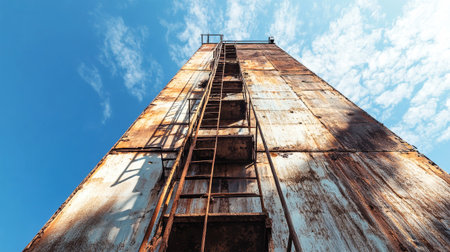 An abandoned industrial tower with rusty metal and broken stairs reaches for the sky, showcasing its weathered charm against the vivid blue backdrop.の素材