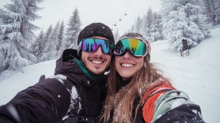 In a winter paradise, a happy couple poses for a selfie, showcasing their vibrant sunglasses and cheerful smiles amidst a snow-covered landscape at the ski resort.の素材
