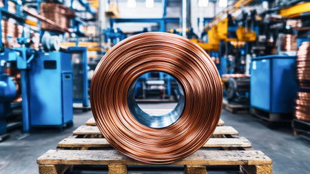 A substantial roll of shiny copper wire rests on a wooden pallet, accentuated by blue factory machinery and additional wires in a bustling industrial environment.の素材