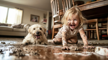 A joyful blonde girl crawls on the floor, covered in paint and dirt, while her playful dog joins her in the fun within a rustic living space.の素材