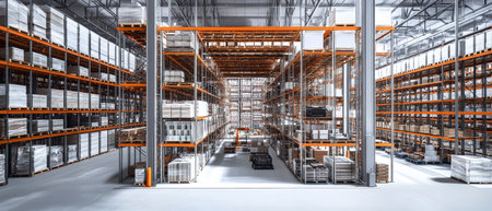 Wide aisles showcase high shelving filled with neatly organized goods in a bright, spacious production warehouse, highlighting industrial architecture and lighting.の素材