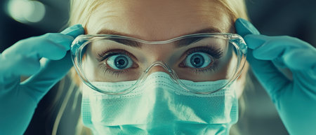 Blonde female dentist in a blue medical coat focuses intently on her patient's teeth while wielding dental instruments in a bright, modern clinic.の素材