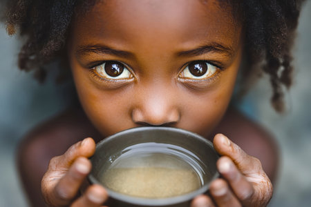 A young girl gazes directly at the viewer while holding a bowl of water close to her face. Her expressive eyes reflect both sorrow and strength, evoking deep emotion.の素材