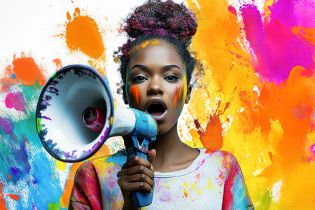 A dark-skinned woman passionately holds a megaphone, surrounded by vibrant splashes of watercolor.の素材