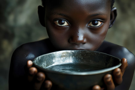 A young boy gazes directly at the camera while holding a bowl of water.の素材