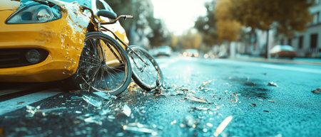 A bicycle lies on the ground beside a damaged yellow car, with broken glass scattered across the asphalt, capturing the tragic consequences of a recent traffic accident.の素材