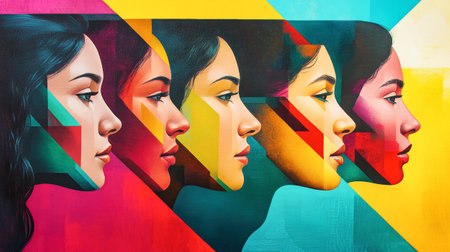 In a striking display of color and form, multiple profiles of Latin American women come together to celebrate gender equality in a modern artistic interpretation.の素材