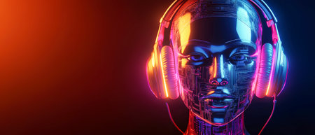 A vibrant robot head with colorful circuits and sleek headphones glows with neon lights against a dark backdrop, embodied cyberpunk artistry.の素材