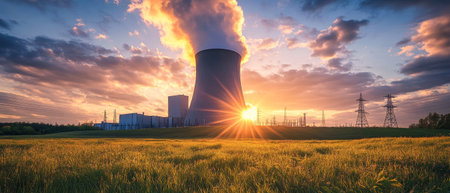 At sunset, the advanced nuclear power plant commands attention with dramatic clouds and vibrant colors, contrasting sleek infrastructure against serene nature.の素材