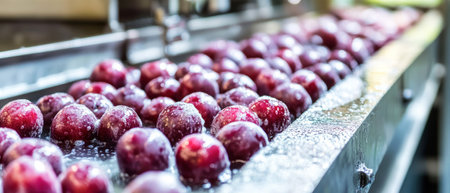 Fresh and vibrant plums glide down a conveyor belt, being thoroughly washed in an industrial setting where vegetables are processed daily.の素材