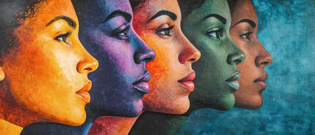 Five Latina women are portrayed in profile with radiant colors and dynamic contrasts, showing diverse expressions of empowerment and solidarity in a creative, abstract style.の素材