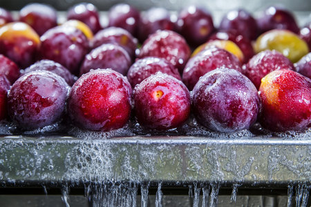 Plums are thoroughly washed on a conveyor belt, showing their vibrant colors and freshness in an industrial setting dedicated to vegetable processing.の素材