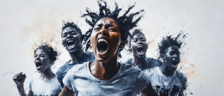 A vibrant assembly of young men and women shouts in unity, their emotions captured in a watercolor style against a muted gray background, conveying strength and hope.の素材