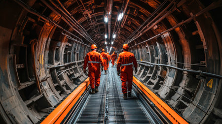In a vibrant mine tunnel, workers in bright red uniforms navigate alongside orange conveyor belts. The bustling atmosphere highlights the dynamic energy of coal mining operations.の素材