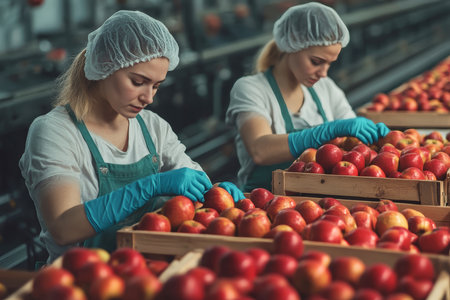 Two women in protective gear meticulously pack shiny apples into wooden crates on a busy production line, showcasing teamwork in action.の素材