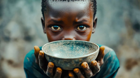 A young boy looks intently at the camera, cradling an empty bowl in his hands, embodying the depth of poverty and longing in a rustic setting.の素材