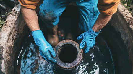 Close-up view of a dedicated plumber in blue gloves working on a pipe leading to a dark water source inside a rustic well, embodying skilled techniques for sewer cleaning.の素材