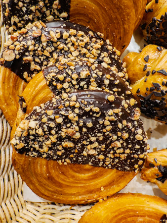 Assorted pastries featuring a rich chocolate coating and topped with crunchy nuts are arranged neatly in a bakery display case, enticing customers.の写真素材