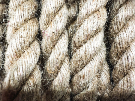 Close-up view of several strands of natural twine rope, beautifully twisted together, highlighting...