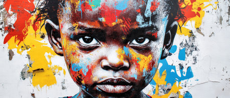This striking graffiti mural showcases the face of an African child, surrounded by vivid colors and urban art elements. A true celebration of culture and creativity.の素材