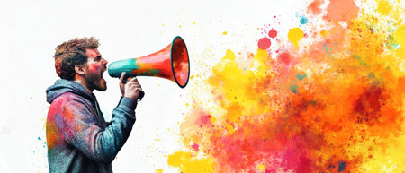 A man with a stylish beard holds a megaphone, energetically expressing his thoughts. Surrounding him are bold, colorful watercolor splashes creating an artistic atmosphere.の素材