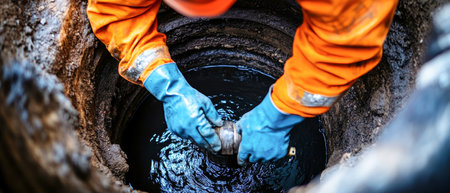 A dedicated plumber in orange overalls and blue gloves engages in challenging pipe work, cleaning black water inside an open well while showing skilled craftsmanship.の素材