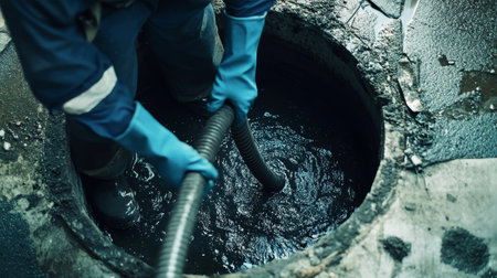 An engineer in blue gloves and overalls works diligently to remove dark liquid from a manhole, demonstrating essential upkeep within urban infrastructure.の素材