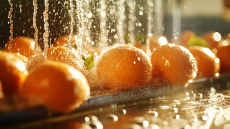 Bright and fresh oranges glide through a conveyor belt, being washed in a bustling food processing plant, showing cleanliness and efficiency in vegetable production.の素材