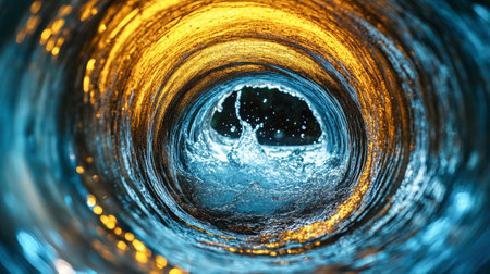 A spiral pipe showcases water cascading inside, creating shimmering splashes and an enchanting atmosphere with dramatic lighting and colors.の素材