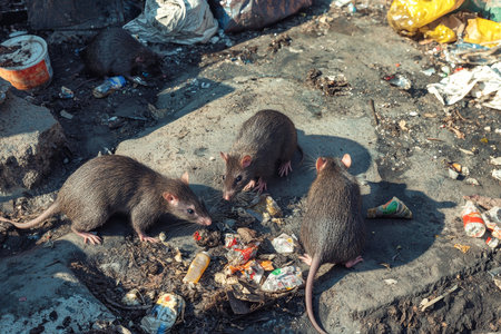 In an open slum, several rats scavenge through heaps of discarded waste, navigating a chaotic landscape filled with debris and remnants of human activity.の素材