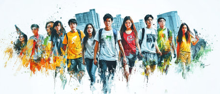 A dynamic group of young Asian individuals strolls through the city, showcasing their artistic flair in a vibrant display of street art, surrounded by splashes of color.の素材