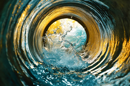 A dynamic flow of water rushes through a spiral pipe, creating sparkling splashes and an enchanting atmosphere, blending light and dark beautifully.の素材