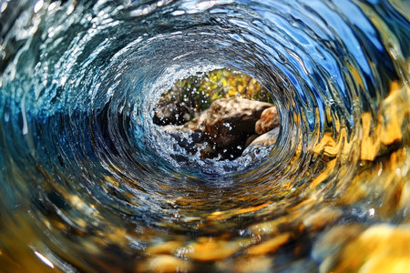 In a captivating low-angle view, water swirls elegantly inside a pipe, showing a mesmerizing interplay of blues and yellows, enhanced by hyperrealistic details.の素材